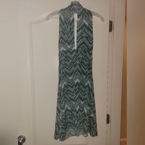 Women's Halter Dress with Blue, Black, & White Geometric Pattern